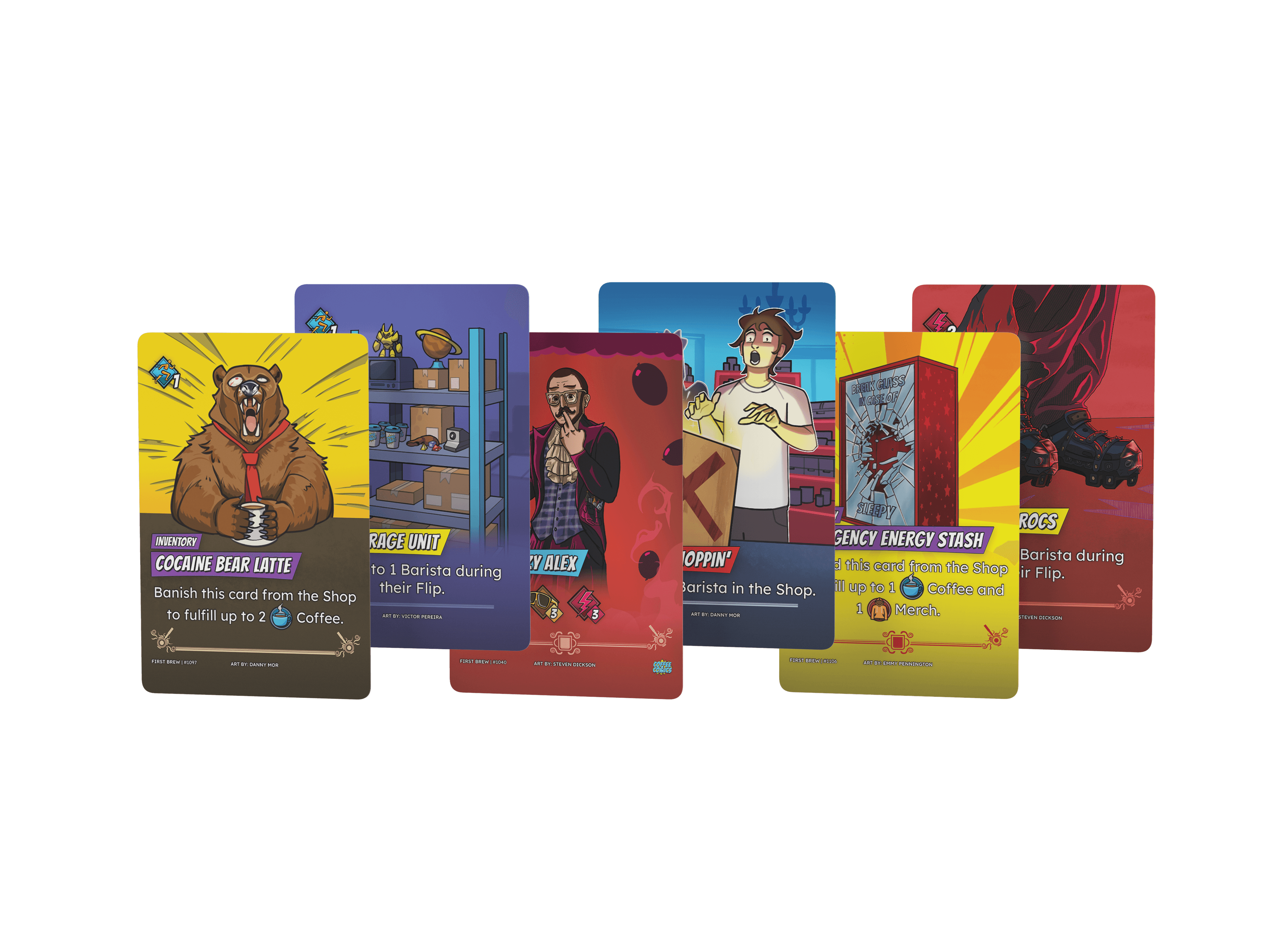 A line of Barista Brawl cards