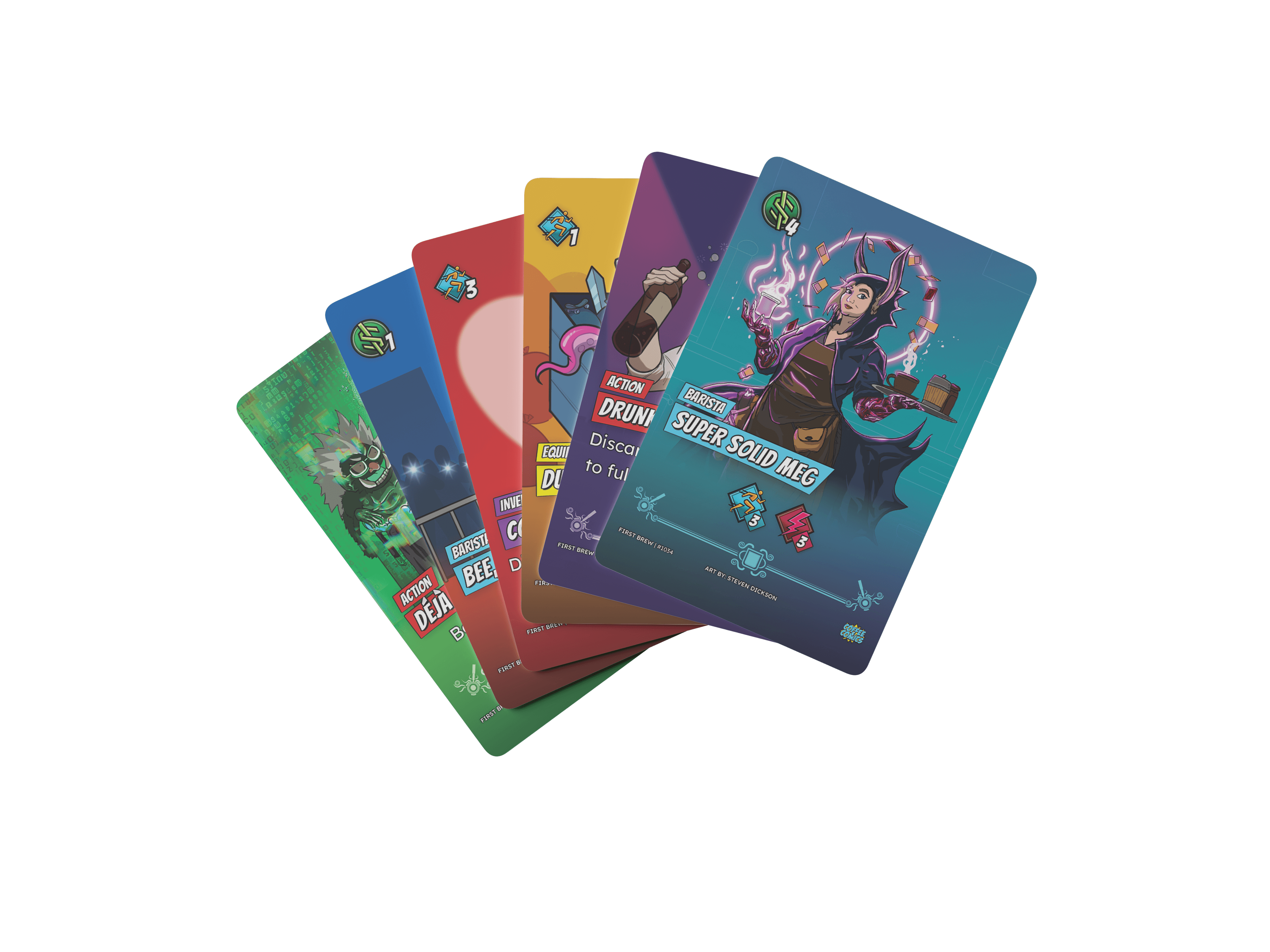A fanned hand of Barista Brawl cards